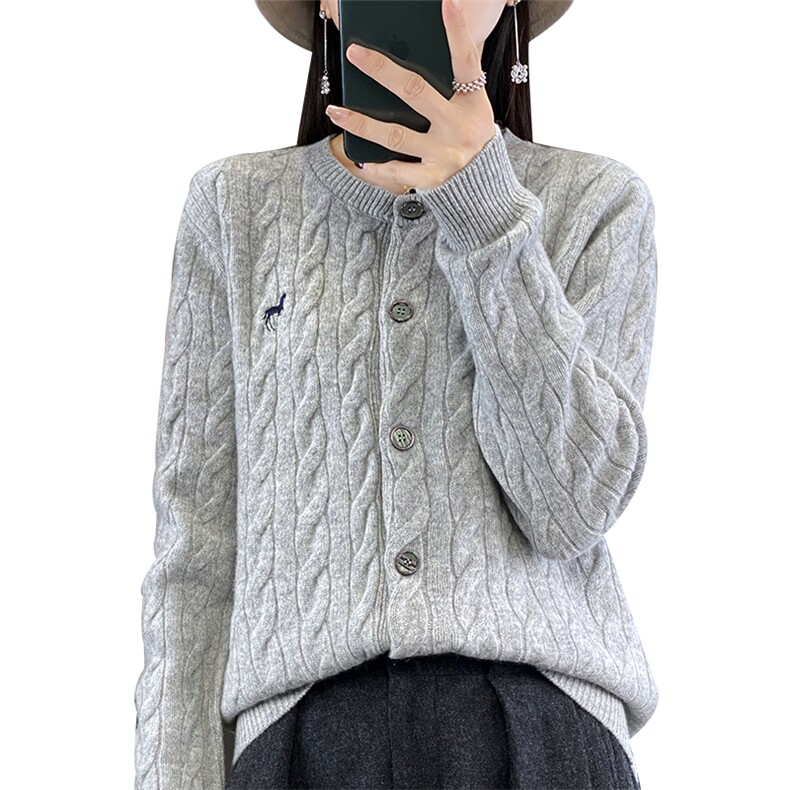 2024秋冬新款羊毛女士圆领麻花羊毛开衫,女装羊毛衫,润辉羊绒
