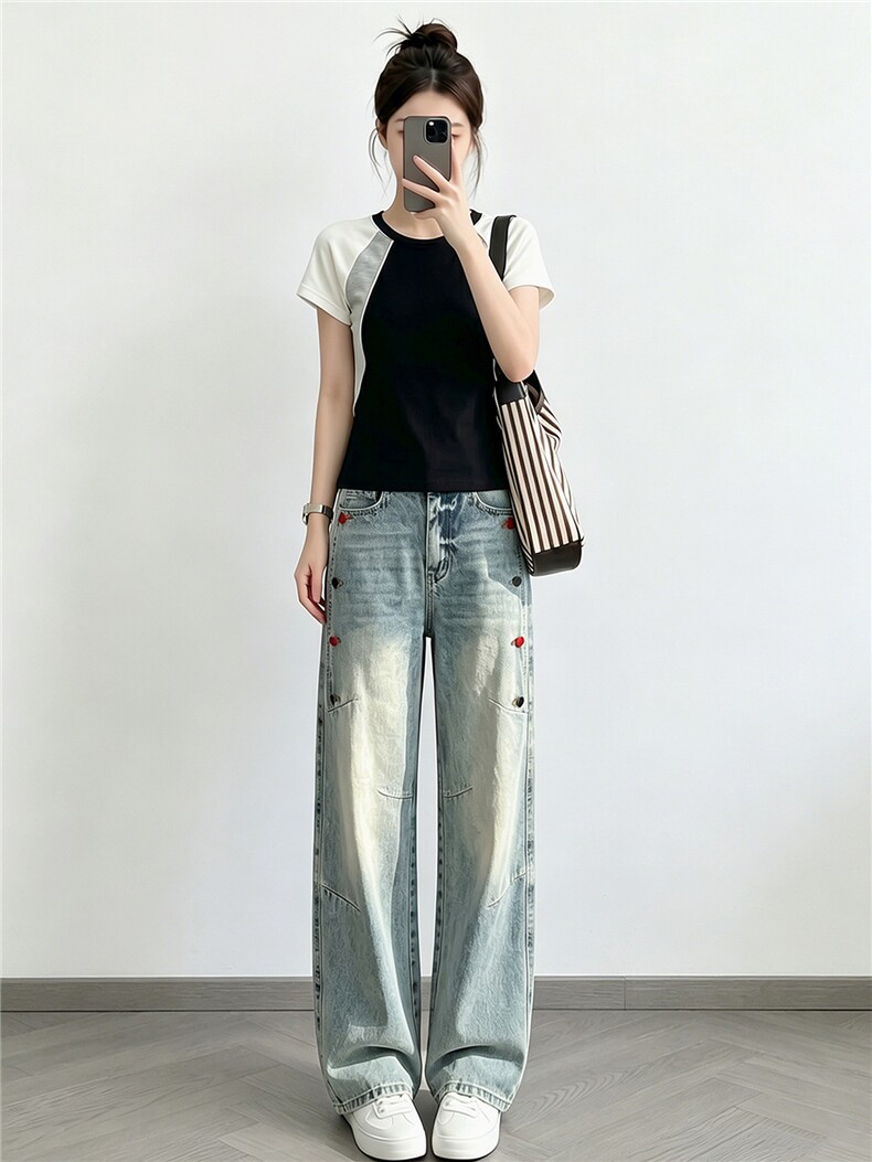 元气少女时尚休闲套装女夏季新款红色拼接上衣阔腿牛仔裤两件套潮,女装套装/套裙,江南
