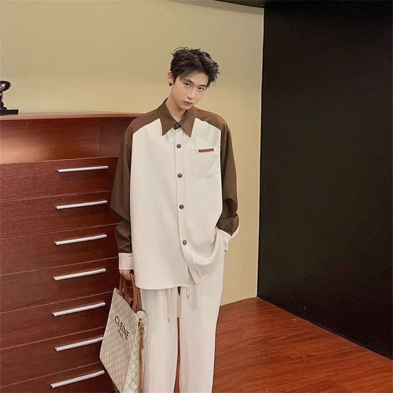 夏季潮流春秋拼色长袖衬衫薄款新款慵懒百搭宽松型日系气质POLO领，男装Polo衫，星座506A