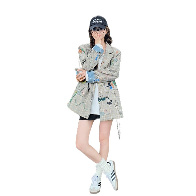 独特超好看涂鸦西装外套女春秋2025新款设计感小众休闲学院风西服,女装西装,浙宝192（原082）