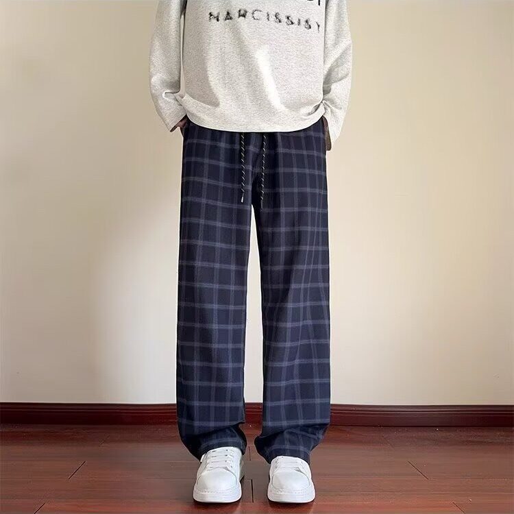 何以至此蓝色格子裤子男款夏季薄款微喇弯刀裤cleanfit运动休闲裤,男装休闲裤,星座1210-1