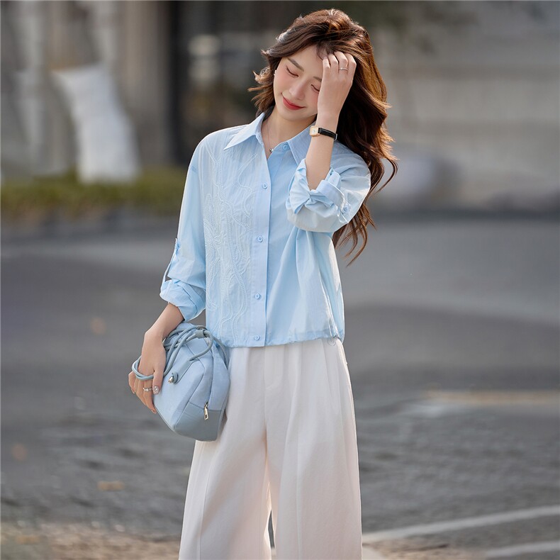 2026年春季新款小众设计刺绣衬衫花苞下摆短款外套，女装短外套，深水步