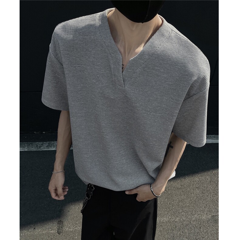 重磅小V领华夫格t恤男夏季claenfit高级感痞帅街头半截袖短袖内搭，男装T恤，电商A233-1