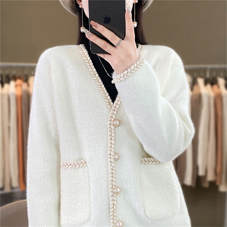 时尚水貂绒外套女秋冬新款显瘦百搭针织开衫毛衣外套，女装针织衫/毛衣，暖姿羊绒