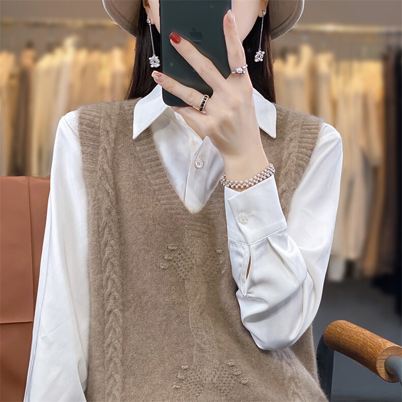 重工绞花针织羊毛衫马甲女春秋v领宽松外搭无袖坎肩宽松毛衣背心,女装马甲,恒旺羊绒