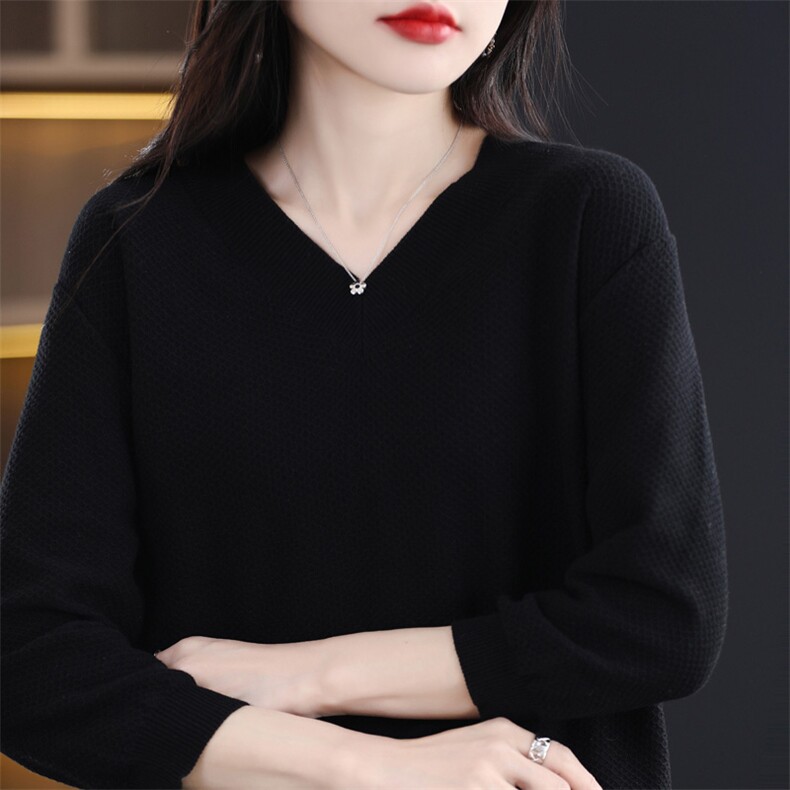 春夏新款100%纯棉针织衫女薄款V领毛衣纯色宽松休闲七分袖打底衫,针织衫/毛衣,品高羊绒