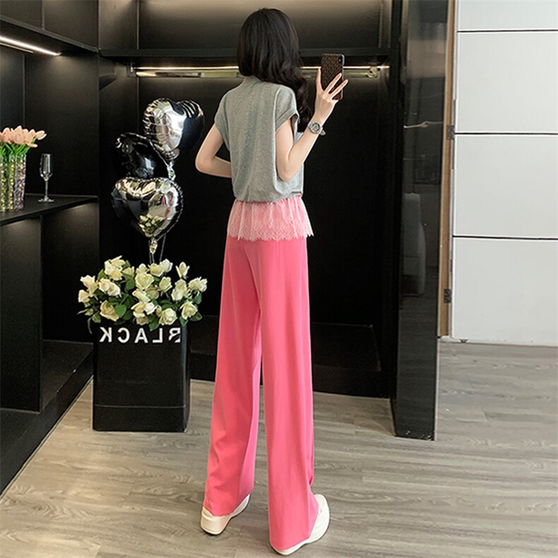 盐系炸街时尚休闲运动套装女夏季新款蕾丝拼接短袖阔腿长裤两件套,女装套装/套裙,江南