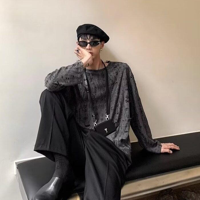 695-P30慵懒风破洞拉丝卫衣男小众宽松长袖t恤松弛感网眼镂空,男装T恤,电商B323A