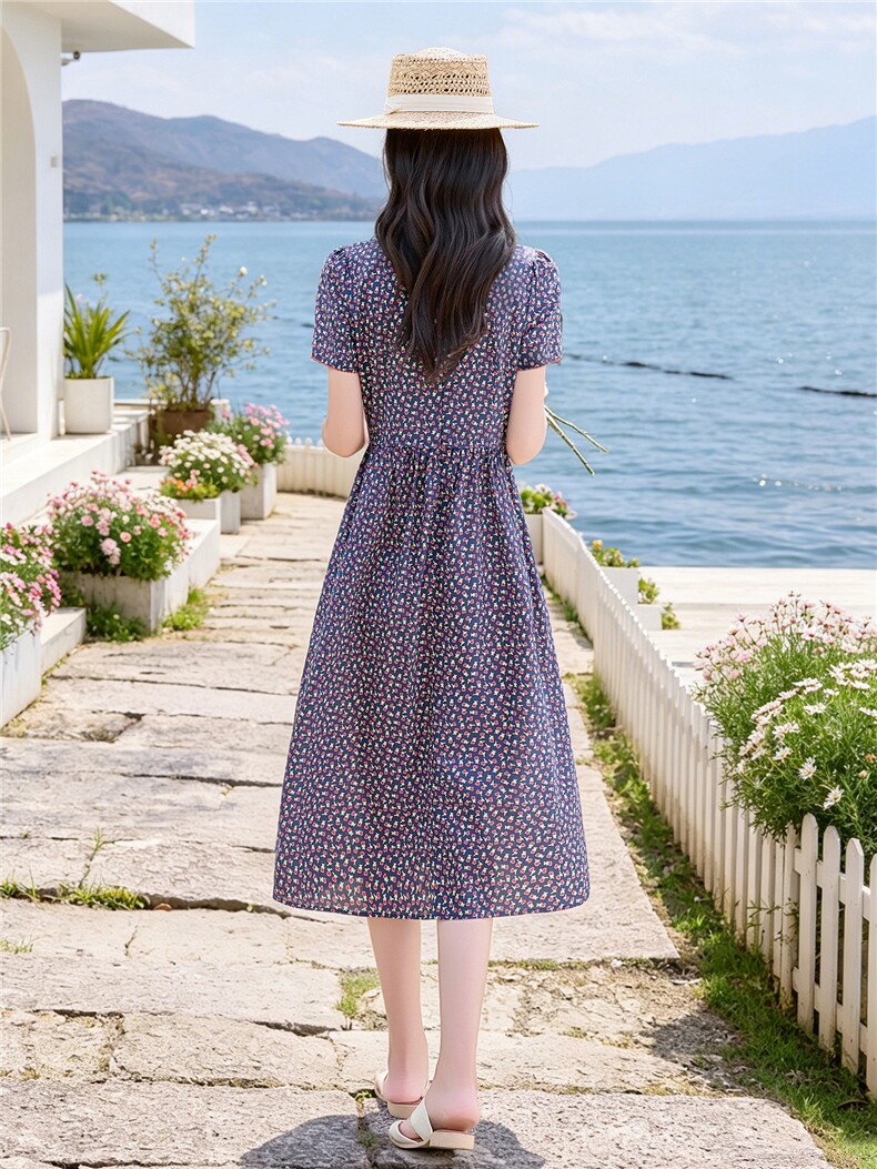 田园风碎花刺绣连衣裙女春夏收腰显瘦中长裙（细节图颜色为准）,女装连衣裙,水衣源