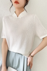 新中式盘扣立领针织短袖T恤女复古肌理感，女装针织衫/毛衣，东远绒业
