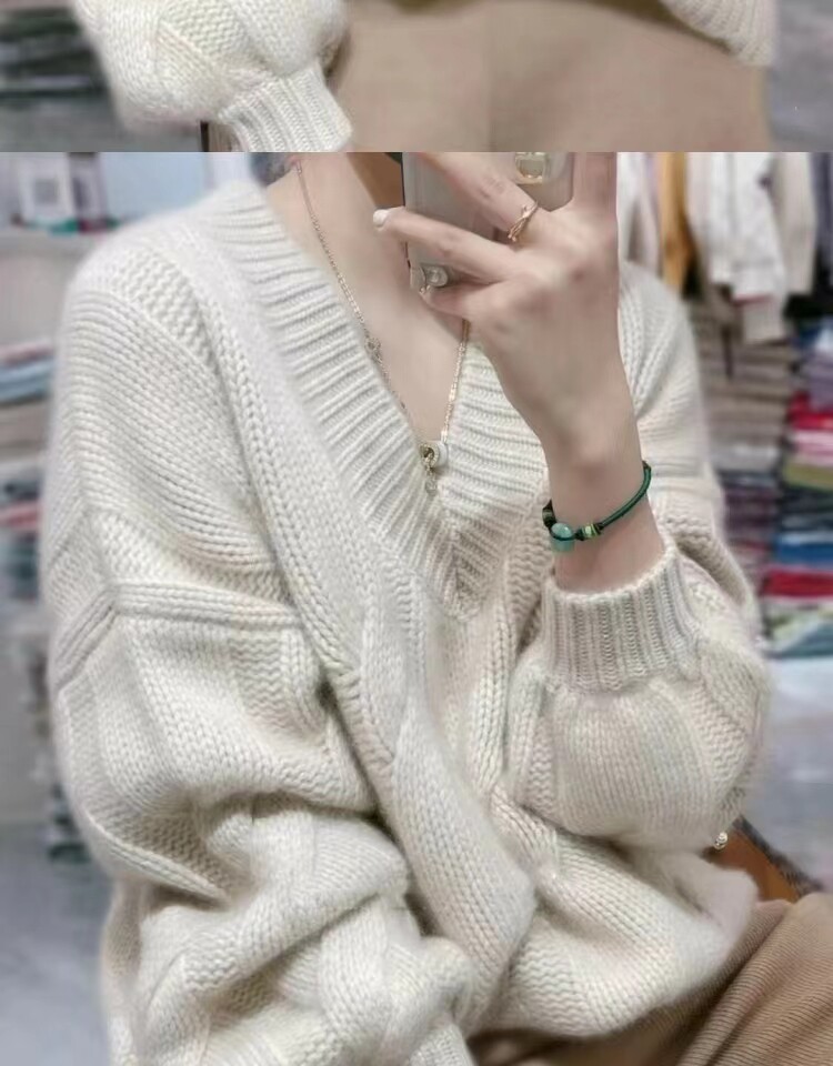 新款宽松V领慵懒风羊毛针织衫女长袖宽松显瘦百搭,女装羊毛衫,千御纺羊绒