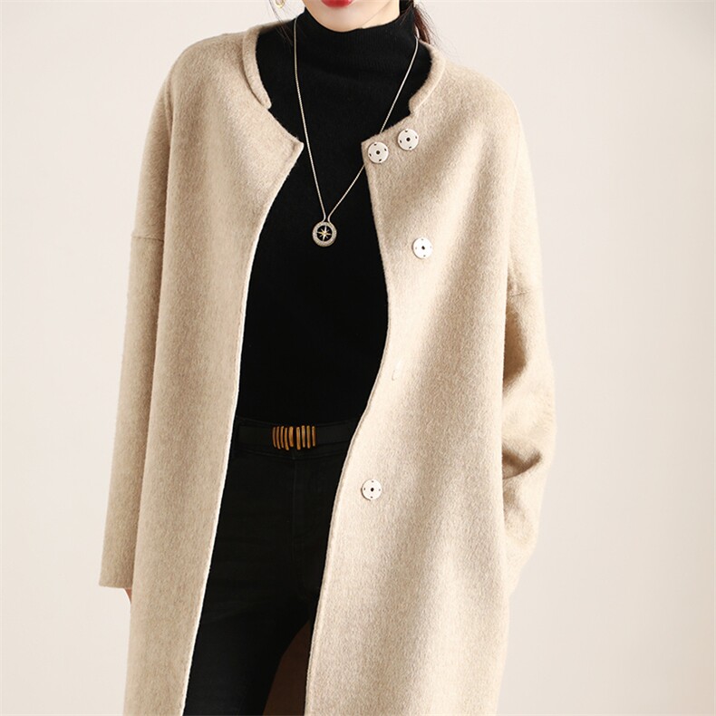 2025年秋季双色无领时尚百搭通勤休闲简约长款双面呢羊毛大衣，女装双面呢大衣，琳尚羊绒