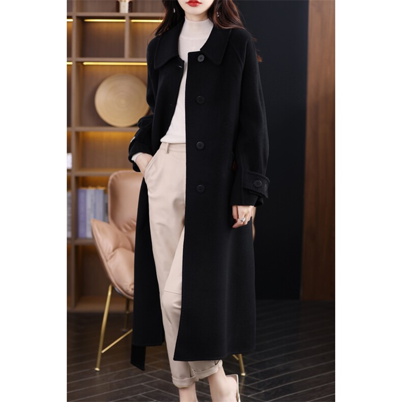 2024秋季新款纯色长袖带兜双面呢大衣通勤百搭，女装双面呢大衣，贝源羊绒