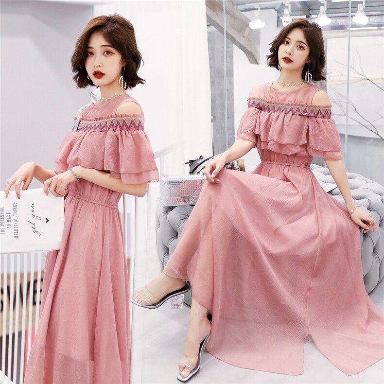 连衣裙涤纶雪纺纯色圆领中腰套头荷叶袖大摆型2021年夏季修身显瘦，女装连衣裙，艾仟回(原伊仟回)