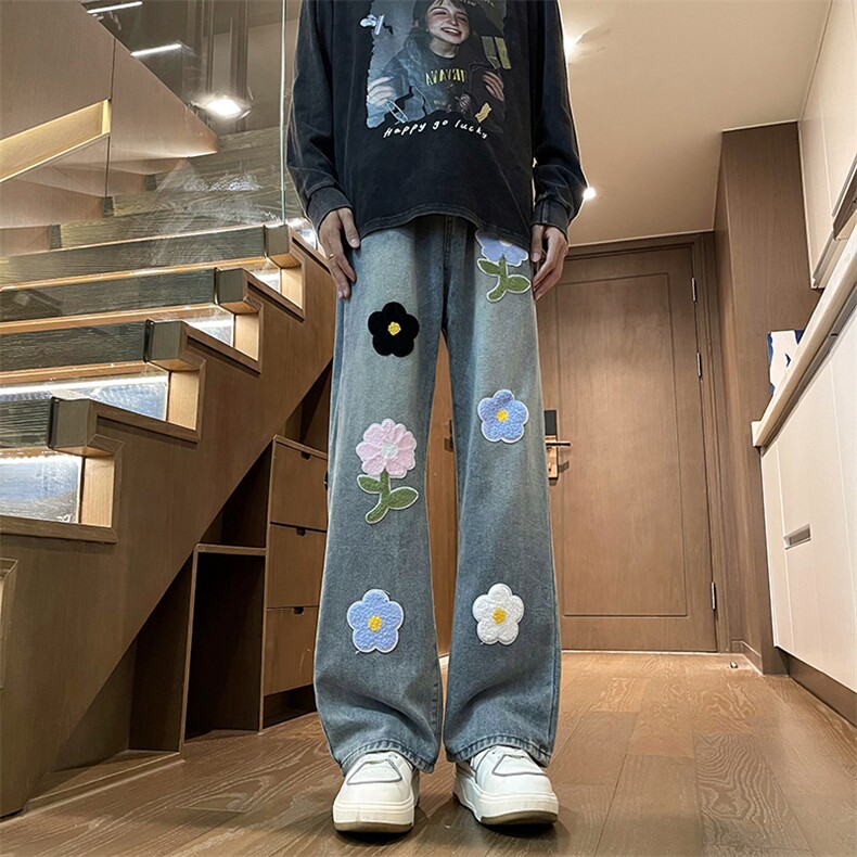 潮牌花朵刺绣牛仔裤男街头痞帅直筒裤子美式水洗复古休闲长裤子,男装牛仔裤,星座410-7