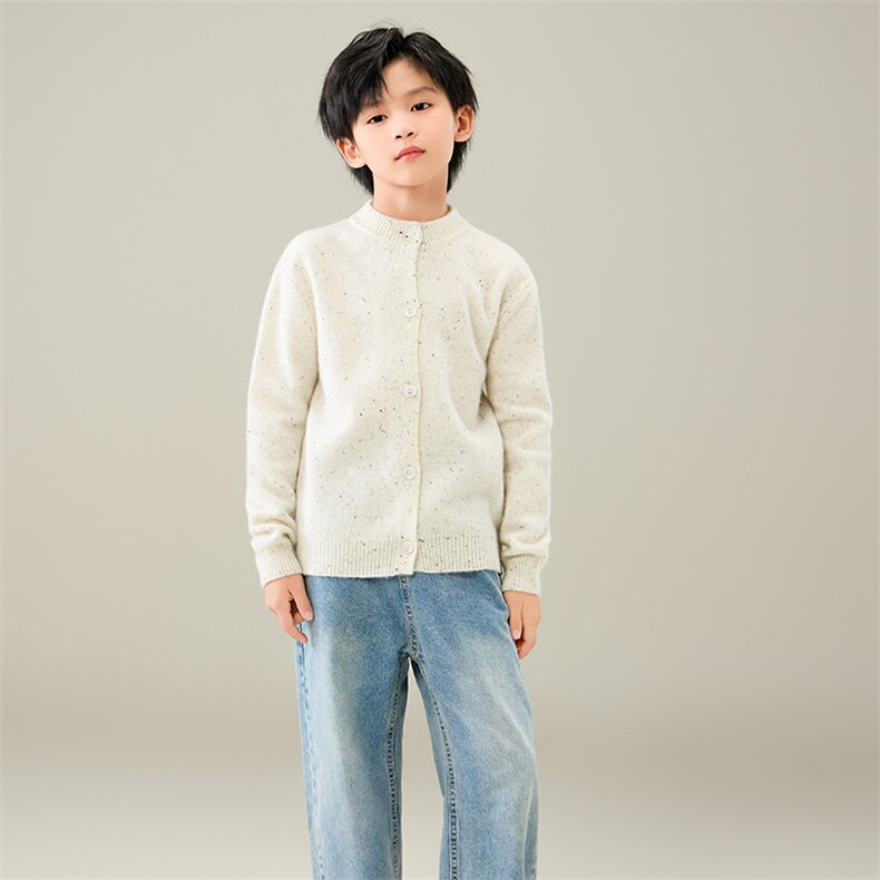 圆领长袖中性时尚百搭通勤彩点开衫，童装儿童羊毛衫，奥澜羊绒
