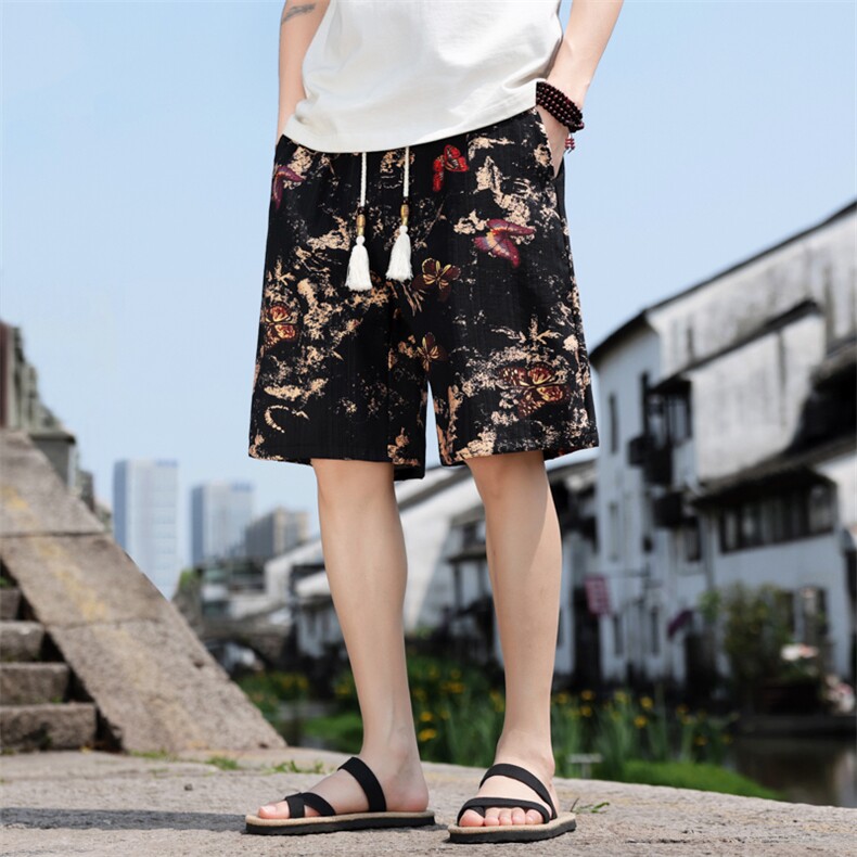 夏季亚麻风五分裤男棉麻印花宽松短裤个性A266-1-KZ773-P40,男装牛仔裤,电商A266-1