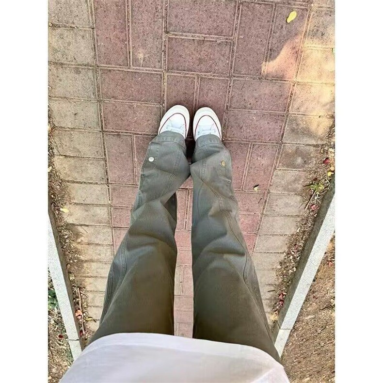 绿色美式复古裤子男春秋季新款解构牛仔工装裤直筒弯刀微喇裤，男装休闲裤，星座506A