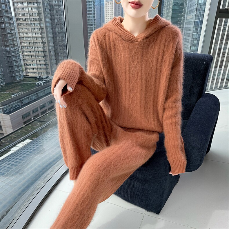 2025秋冬百搭时尚简约连帽长袖长裤套装,女装套装/套裙,冬贝尔貂绒