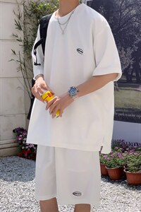TZ65556/P40华夫格夏季宽松贴标套装男T恤短裤两件套大码港风控78图片