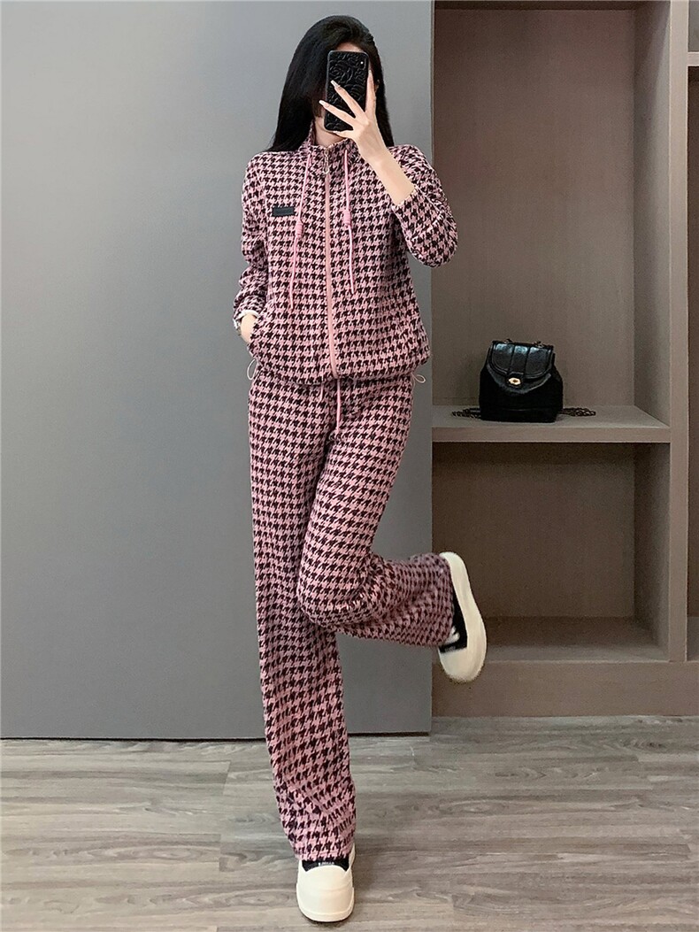 韩版休闲运动套装女秋新款粉色千鸟格立领抽绳上衣直筒长裤两件套,女装套装/套裙,江南