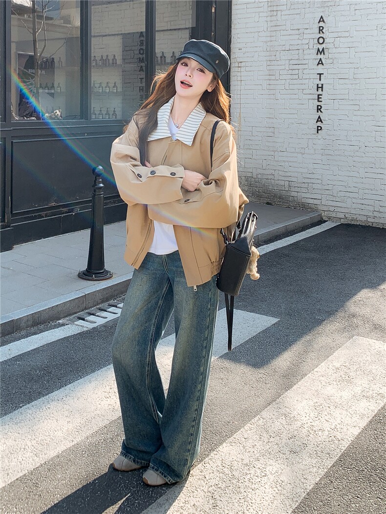 春装水洗棉韩式宽松版格子拼接外套夹克衫2601P160K255,女装短外套,2C219