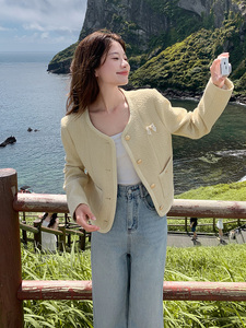 2026韩系氛围感小香风短外套女秋季新款格子V领宽松百搭通勤开衫图片