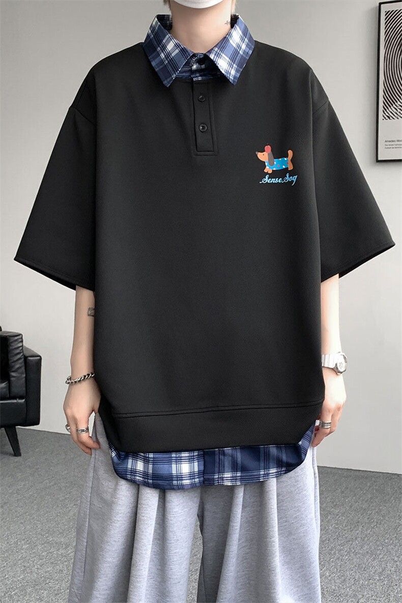 现货DX10119-特批30控68夏季新款大码假两件腊肠狗短袖T恤,男装T恤,电商A059