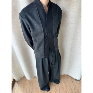 老钱风双扣开衫混纺毛边短款西服毛呢外套复古雅痞呢子西装潮图片