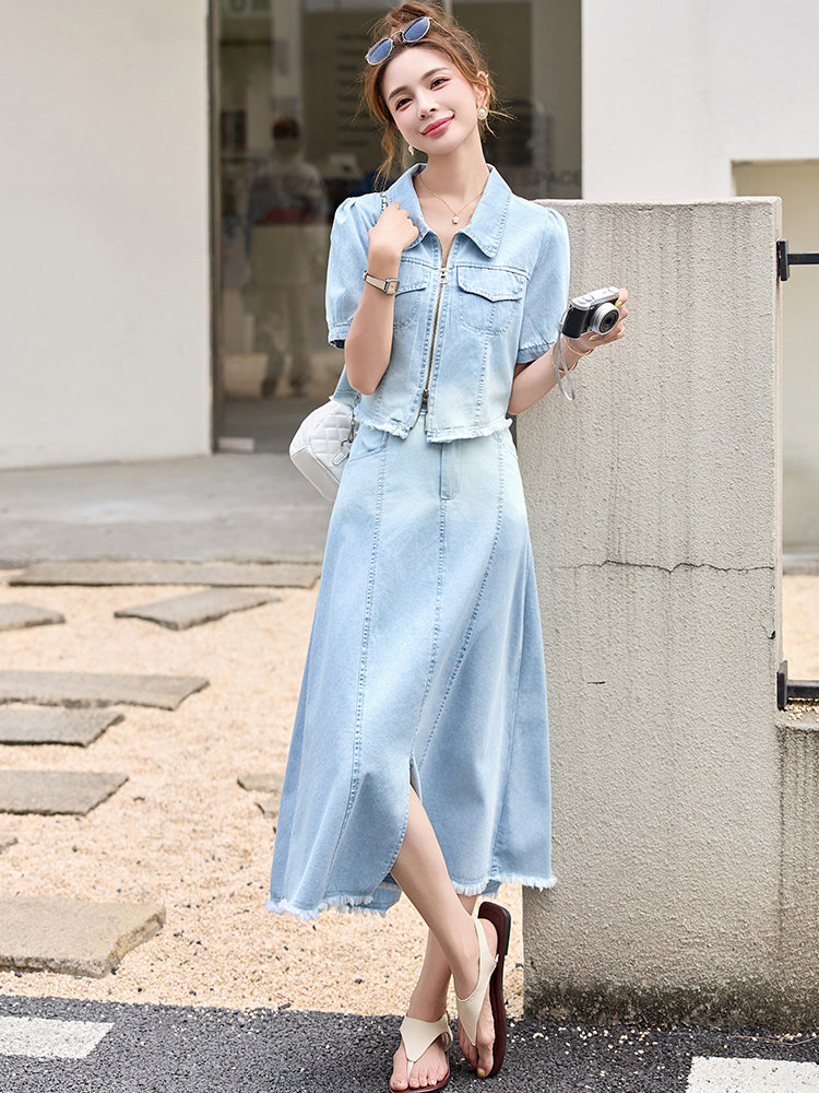现货牛仔套装女夏季2025新款高级感显瘦遮肚子减龄半身裙两件套,商品下架区,韩然一族