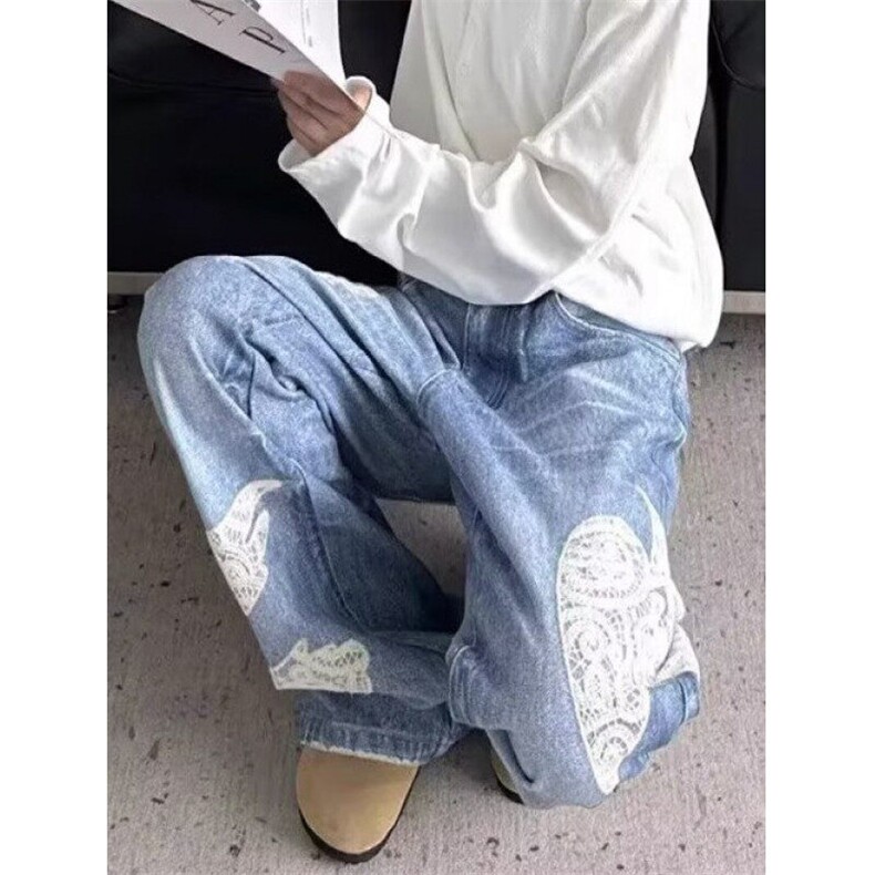 复古小众蕾丝拼接水洗牛仔裤男2025春季新款宽松直筒裤NK09,男装牛仔裤,星座1116A（原606A-3）