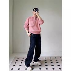 现货MY57-P80粉色宽松百搭口袋polo领长袖毛衣针织衫男女，男装针织衫/毛衣，星座1501-3