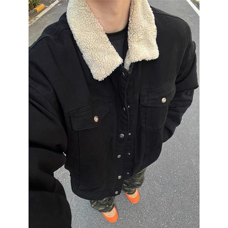 羊羔绒翻领加绒加厚牛仔外套男女款冬季保暖工装棉衣夹克J59,男装工装外套,星座1116A（原606A-3）