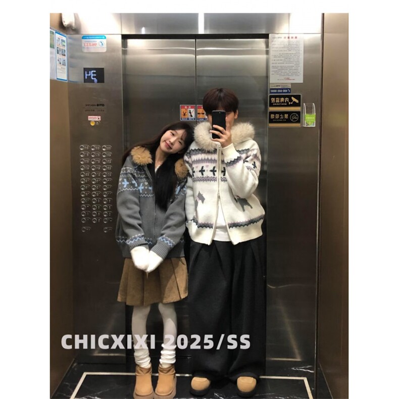 CHICXIXI25AW复古费尔岛大毛领连帽开衫双拉链毛衣外套男女秋冬，男装针织衫/毛衣，四季星座505