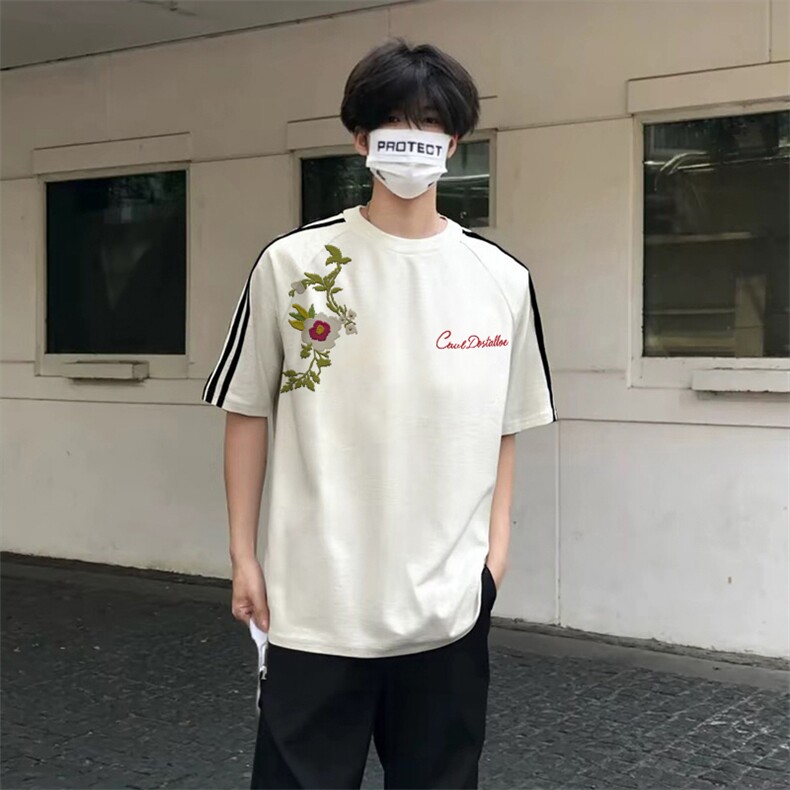 抖音得物高品质二开240克宽松纯棉美式潮牌三条杠织带短袖T恤,男装T恤,电商A486-1