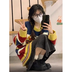 MM126-P65海马毛卡通撞色条纹圆领毛衣女秋冬慵懒风温柔软糯针织，女装针织衫/毛衣，星座617A-2