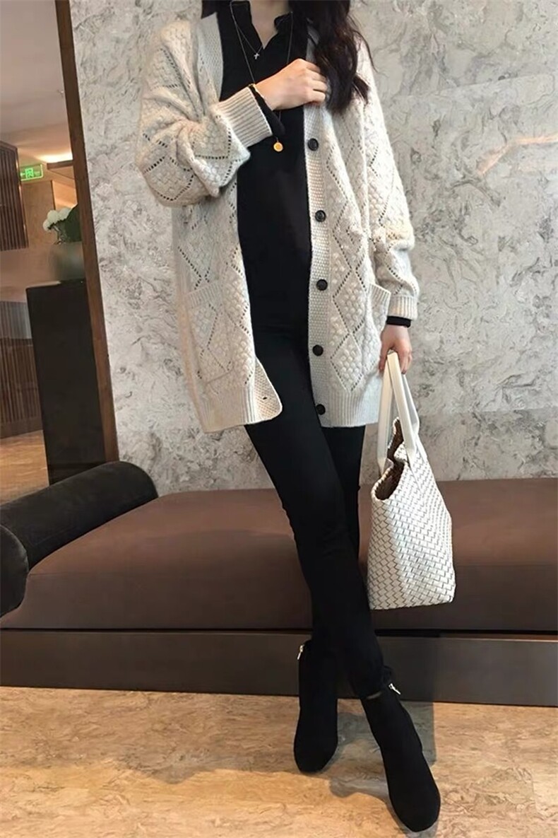 菱形席编开衫，女装针织衫/毛衣，美莎羊绒