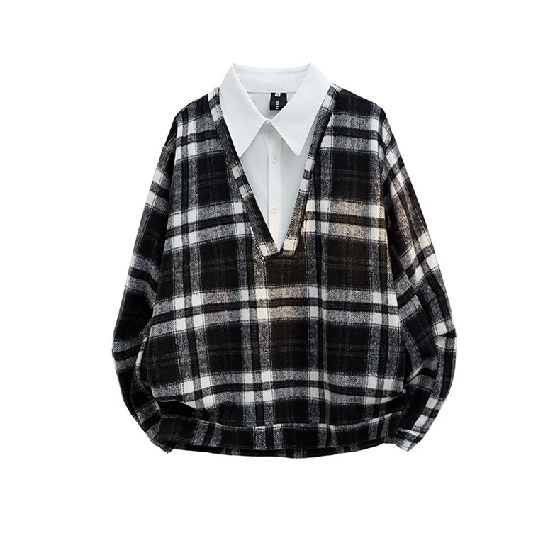 得物品质休闲时尚高品质卫衣经典格子假两件外套秋冬流行单品P65，男装卫衣，电商B319