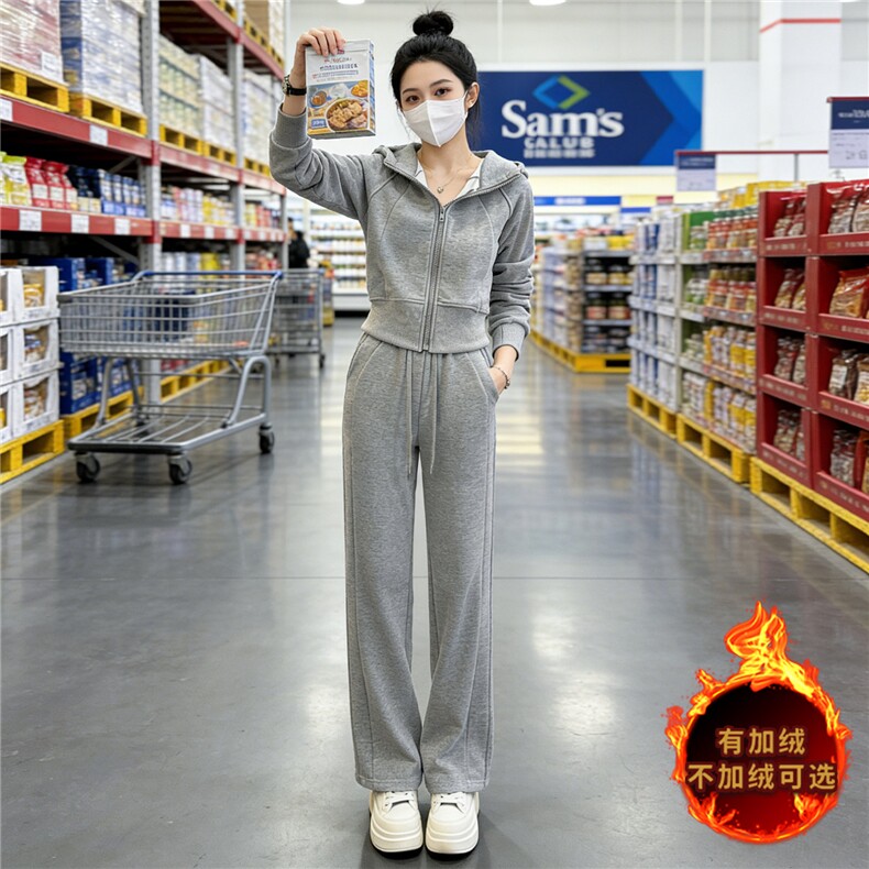 女秋款冬季网红时尚休闲运动套装短款连帽加绒外套阔腿长裤两件套,女装套装/套裙,江南