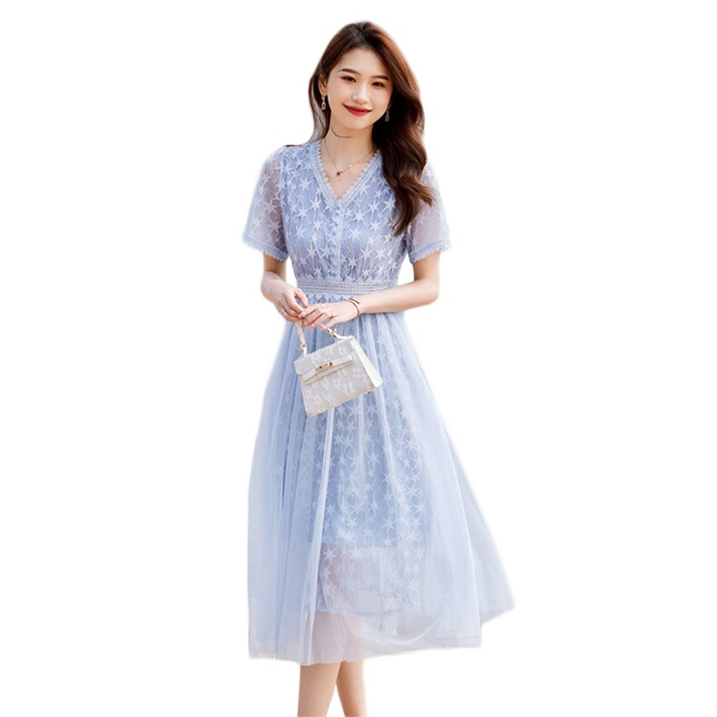 时尚潮流2023年夏季新款甜美显瘦蕾丝网纱拼接长款连衣裙,女装连衣裙,安之芮娜