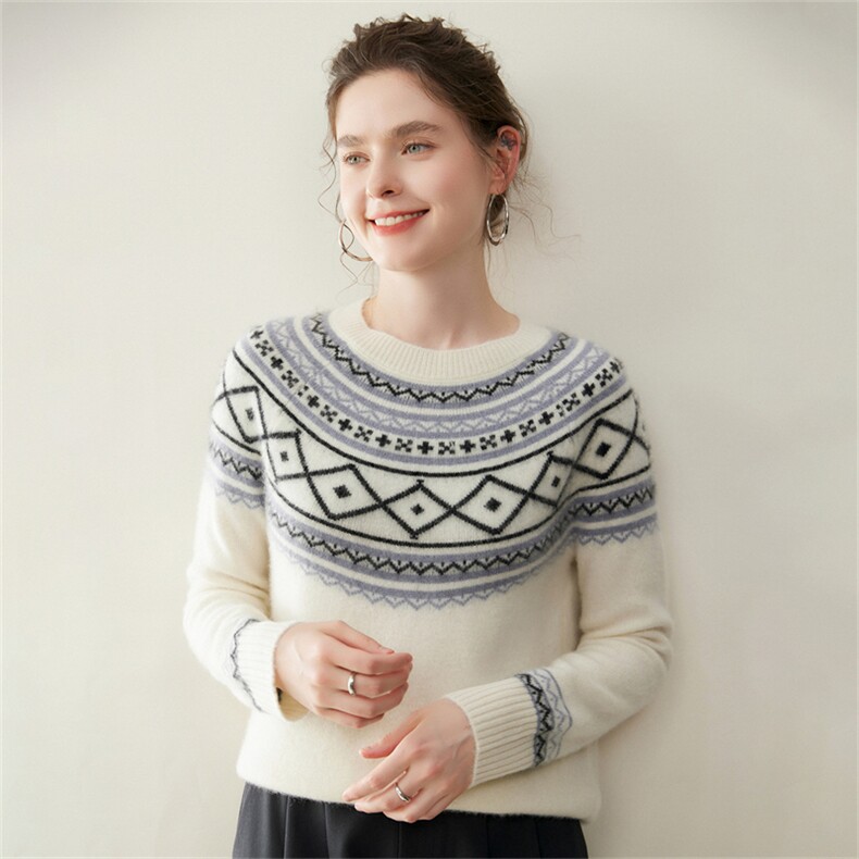 2025年秋季新款百搭女士提花长袖圆领羊绒衫，女装羊绒衫，纳丰羊绒