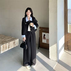 条纹拼接西装外套直筒阔腿裤套装女2025秋季新款韩系小个子两件套，女装套装/套裙，2C266