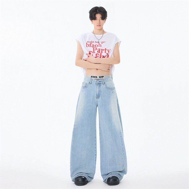 2026新款浅蓝色美式复古磨破弯刀裤宽松拖地长裤牛仔裤YD9012-P75，男装牛仔裤，星座509
