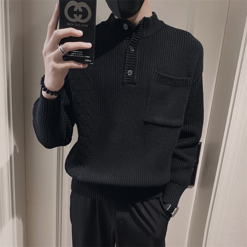 MY38/特P95控135冬季日系亨利领半纽扣针织衫套头口袋毛衣男黑首1,男装针织衫/毛衣,星座305B