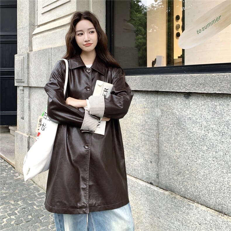 巨好看条纹拼接翻领风衣式皮衣外套女春秋季2025新款韩系绝美大衣,女装皮衣,2C261
