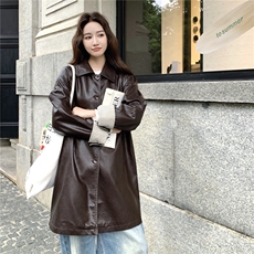 巨好看条纹拼接翻领风衣式皮衣外套女春秋季2025新款韩系绝美大衣，女装皮衣，2C261
