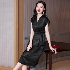桑蚕丝春季新款优雅真丝短袖连衣裙修身显瘦红色印花裙，女装连衣裙，阿舍尔精品