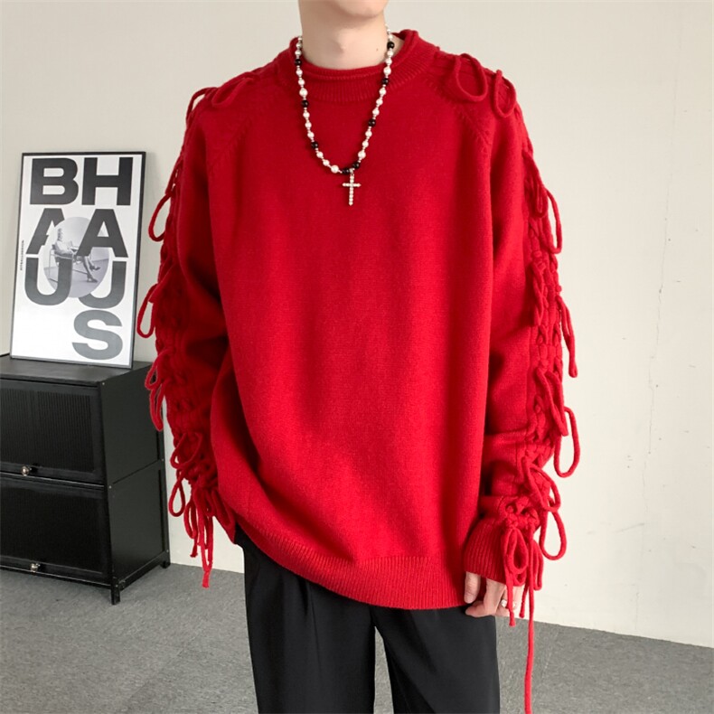 秋冬流苏设计本命年红色圆领针织衫毛衣男宽松加厚毛衫大码外套,男装针织衫/毛衣,星座909