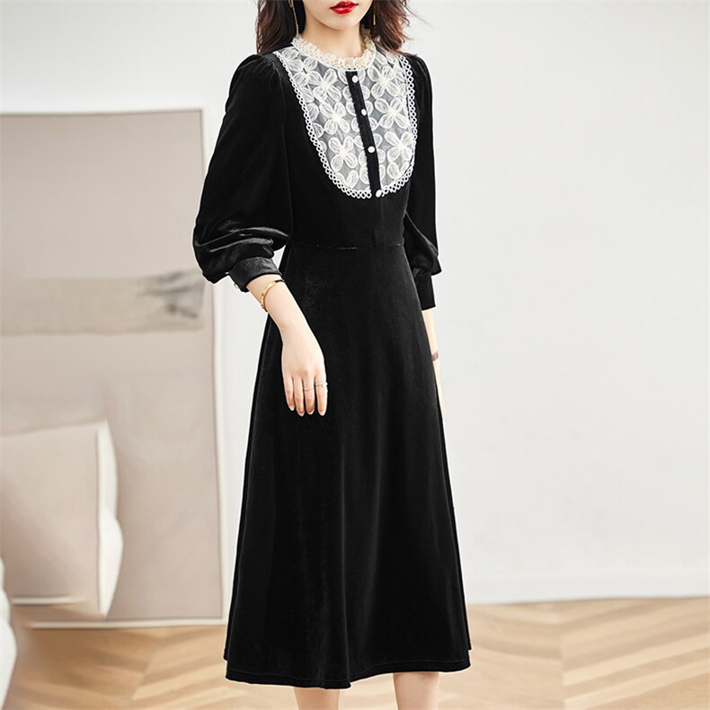 《现货新品》低圆领透视网纱丝绒连衣裙配内衬,女装连衣裙,魅丽静蓝
