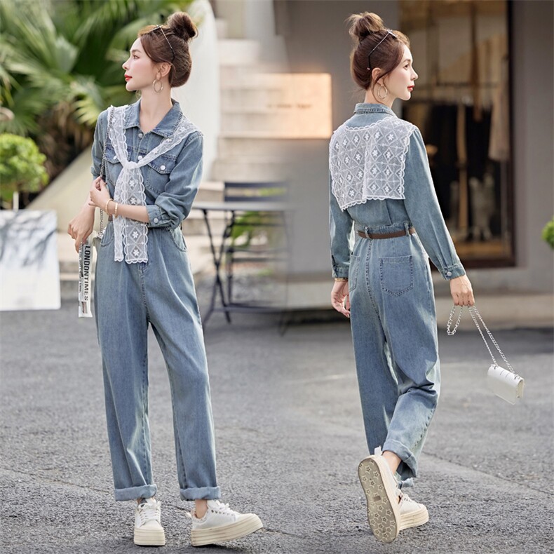 2025年春新款蕾丝披肩小个子宽松休闲工装牛仔连体裤，女装连体裤，瑶迪依秀